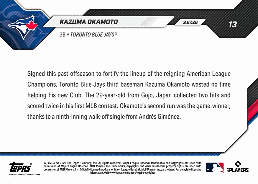 Kazuma Okamoto - 2026 MLB Topps NOW® - Card 13 - PR: 4282