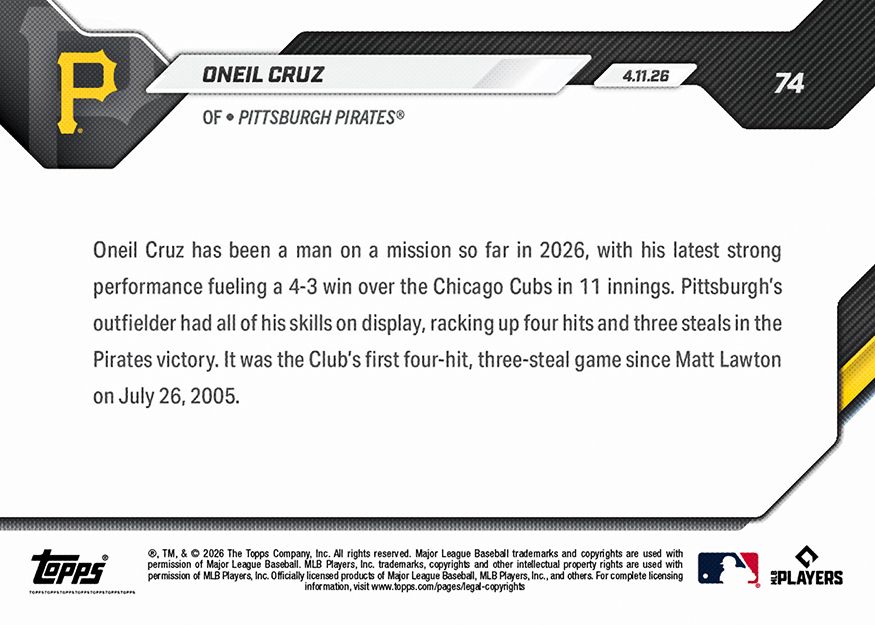 WBC topps now 準決勝　日本サヨナラ勝利　レッドパラレル10シリアル Oneil Cruz - 2026 MLB Topps NOW® - Card 74 - PR: 497