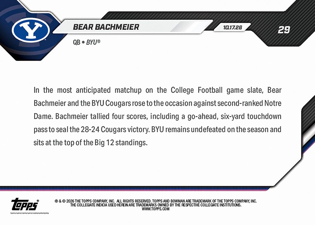 Puerto Rico Car Stickers Bear Bachmeier - 2026-27 Bowman U NOW® Football - Card 29 - PR: 4468