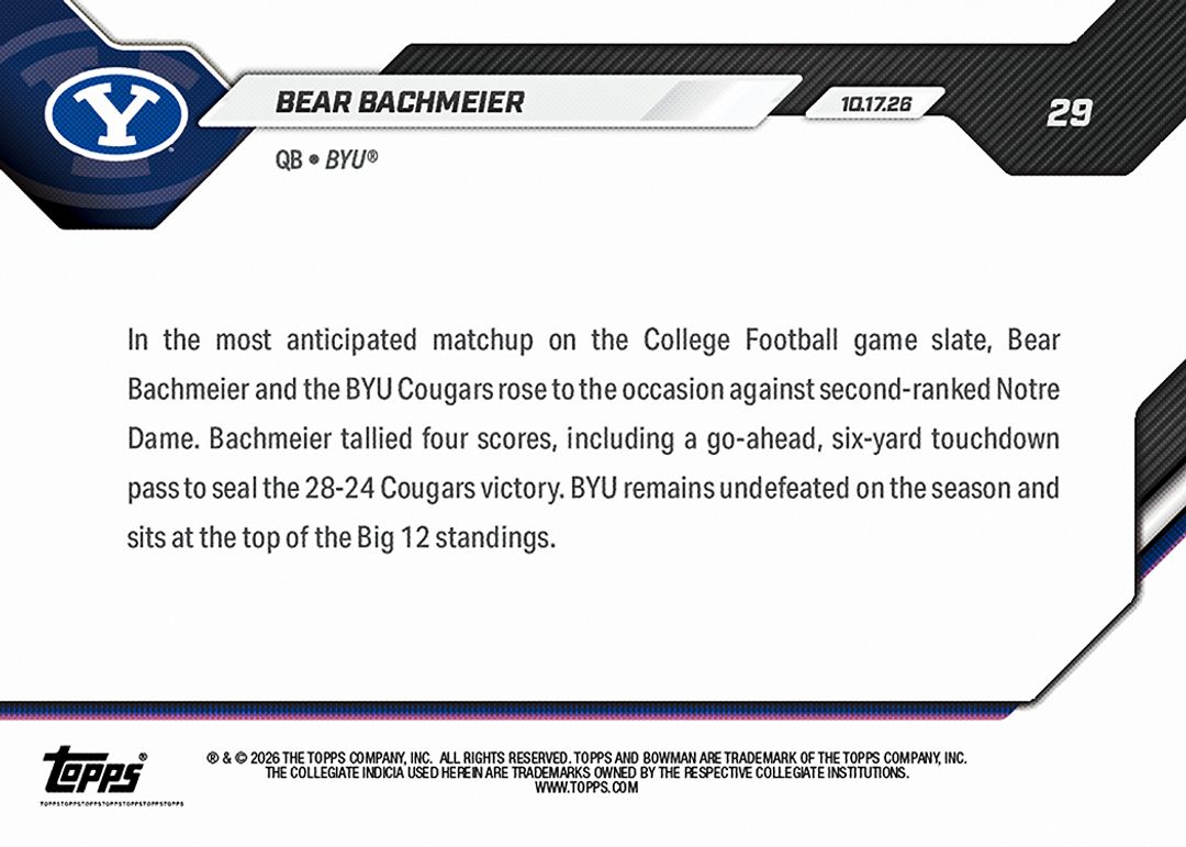 Bear Bachmeier - 2026-27 Bowman U NOW® Football - Card 29 - PR: 4468