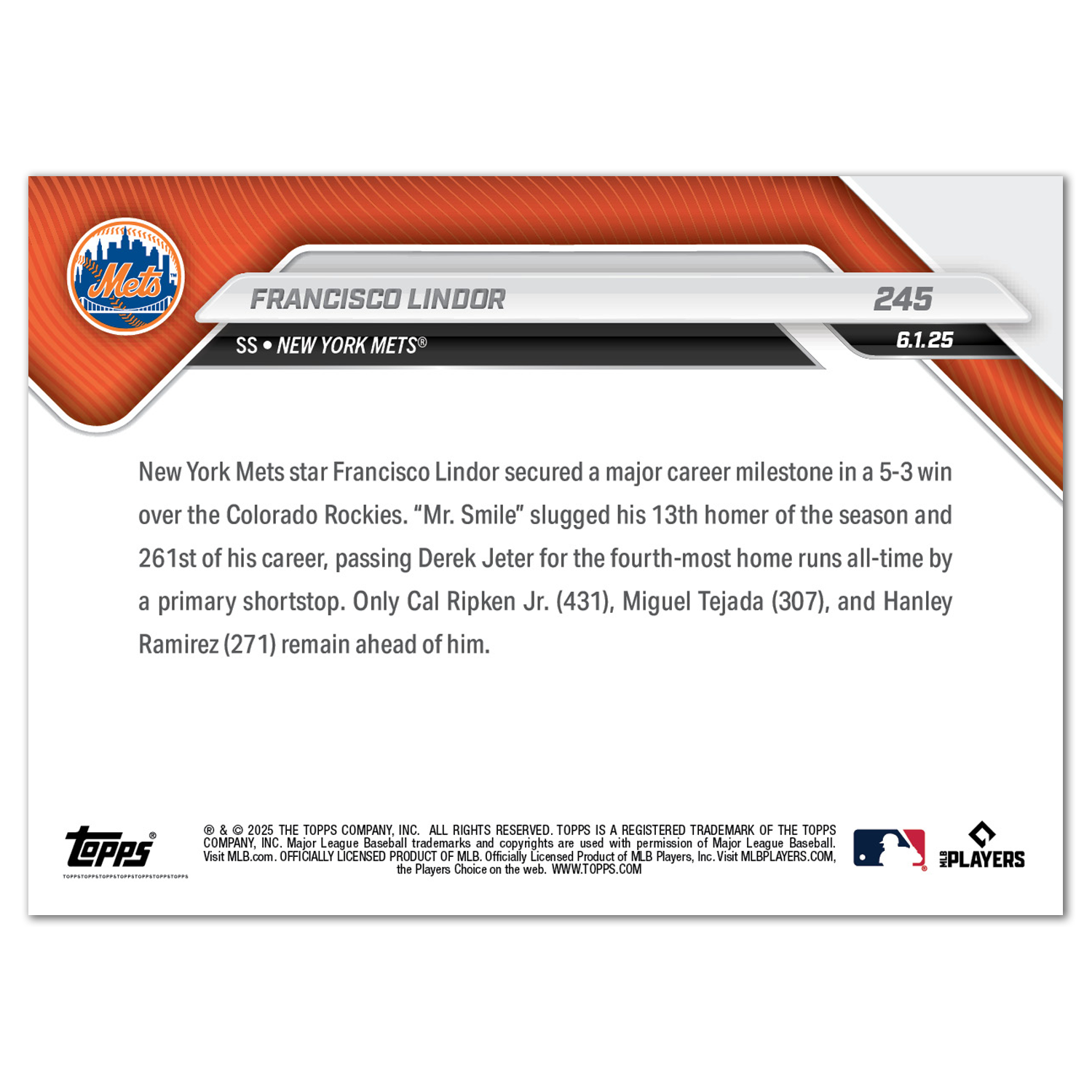 Francisco Lindor - 2025 MLB Topps NOW® - Card 245