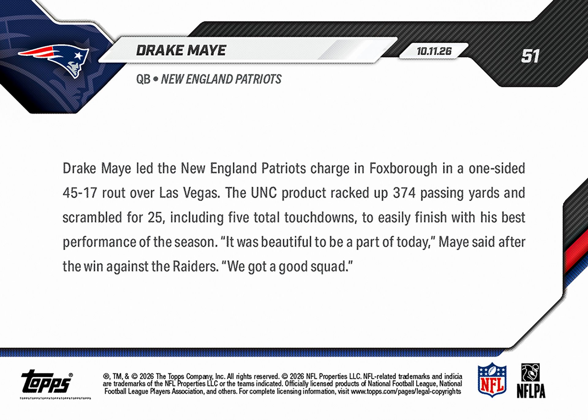 Drake Maye - 2026-27 NFL Topps NOW® - Card 51 - PR: 3066