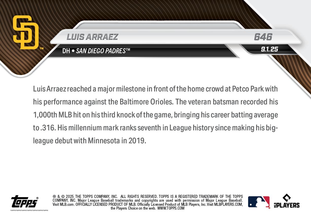 Luis Arraez - 2025 MLB Topps NOW® - Card 646 - PR: 585