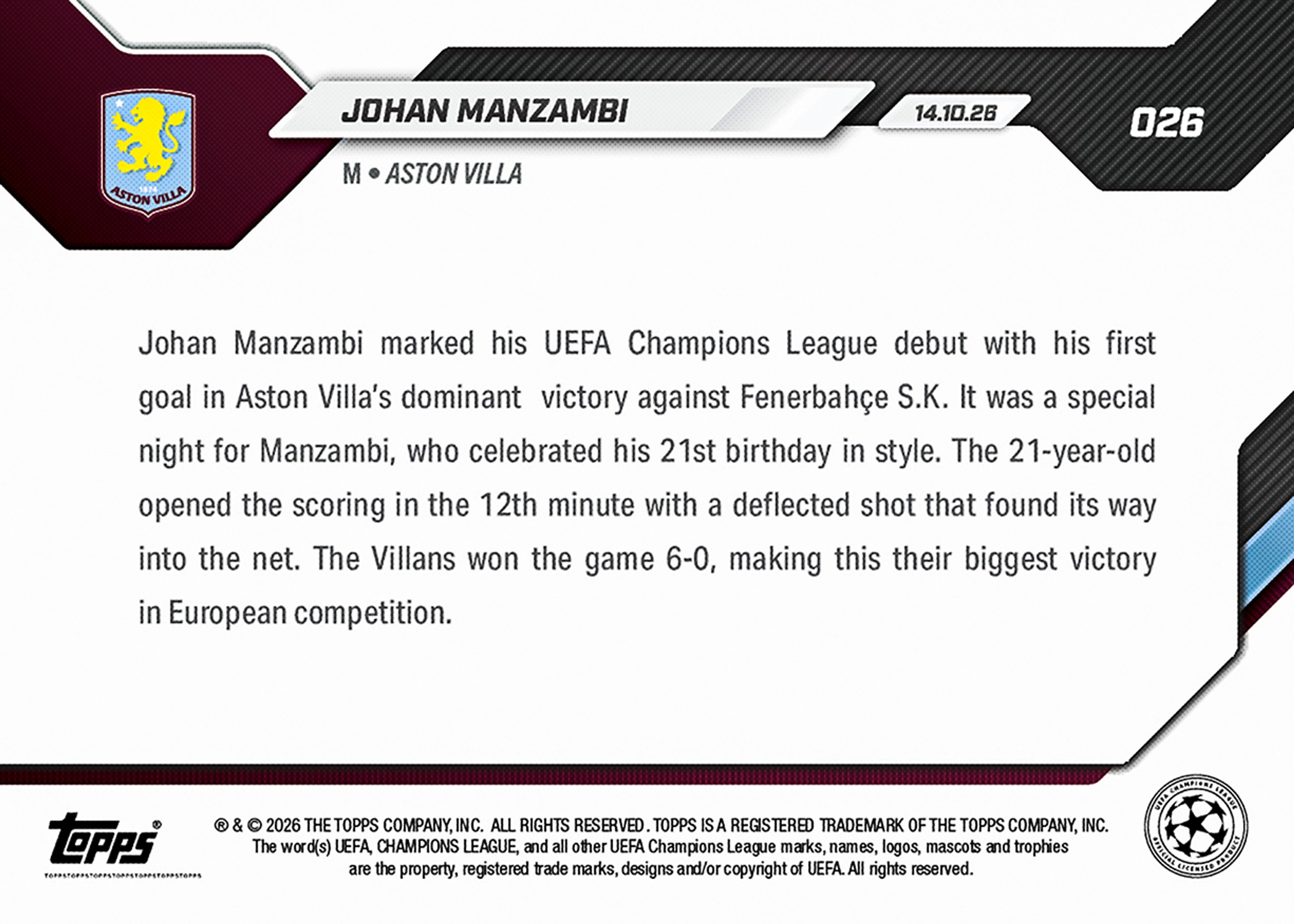 Johan Manzambi - 2026-27 UCL Topps NOW® - Card 26 - PR: 995