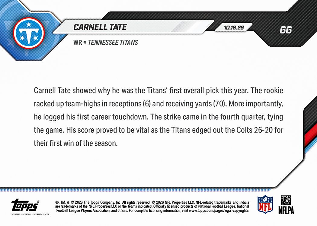 Carnell Tate - 2026-27 NFL Topps NOW® - Card 66