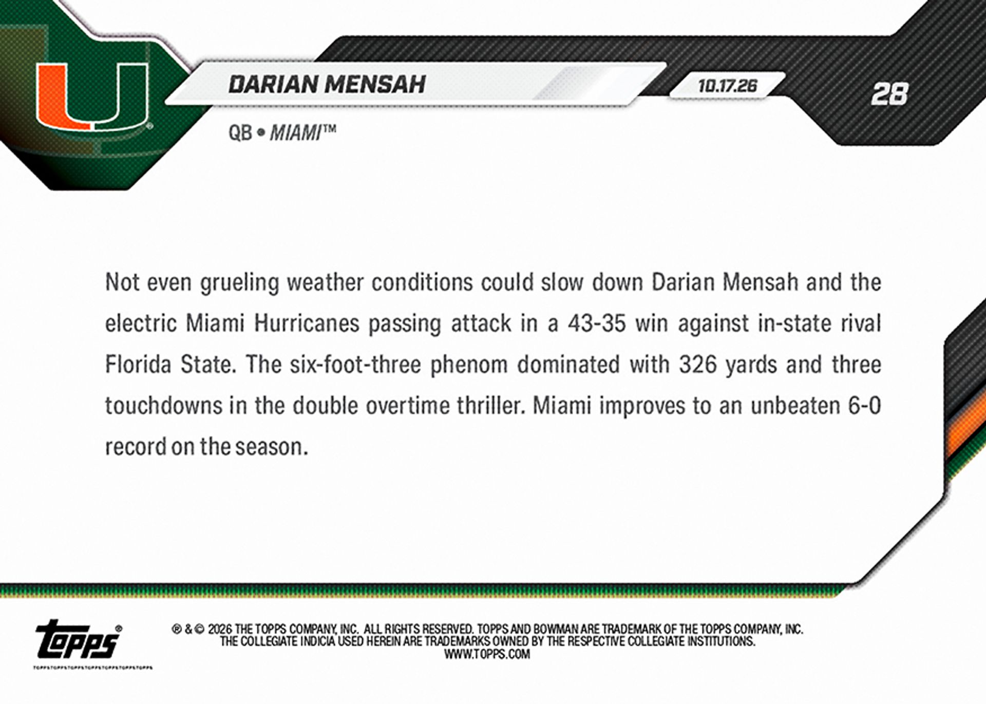Darian Mensah - 2026-27 Bowman U NOW® Football - Card 28 - PR: 816