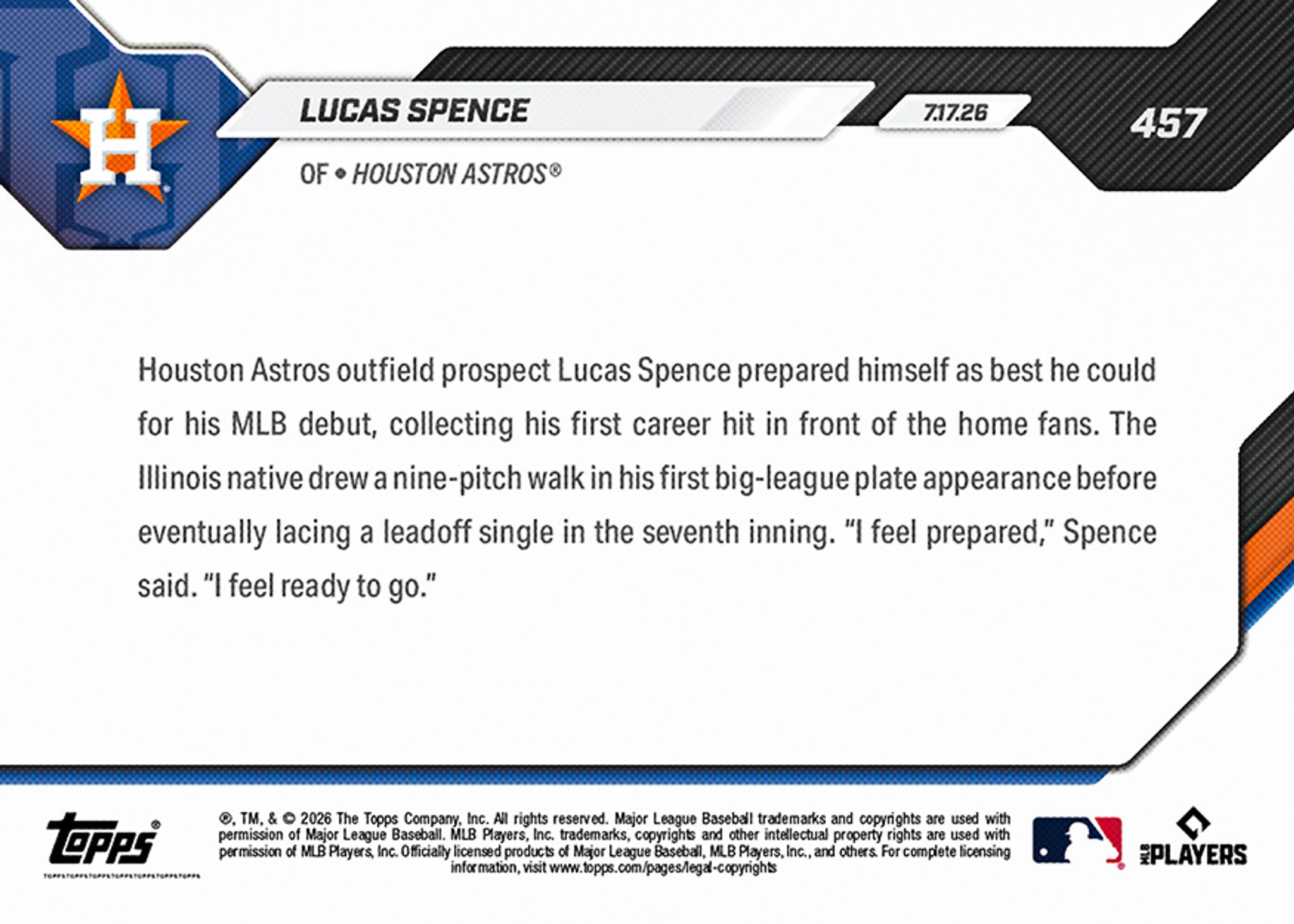 Lucas Spence - 2026 MLB Topps NOW® - Card 457 - PR: 599