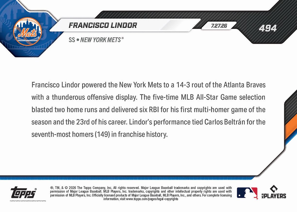 Francisco Lindor - 2026 MLB Topps NOW® - Card 494