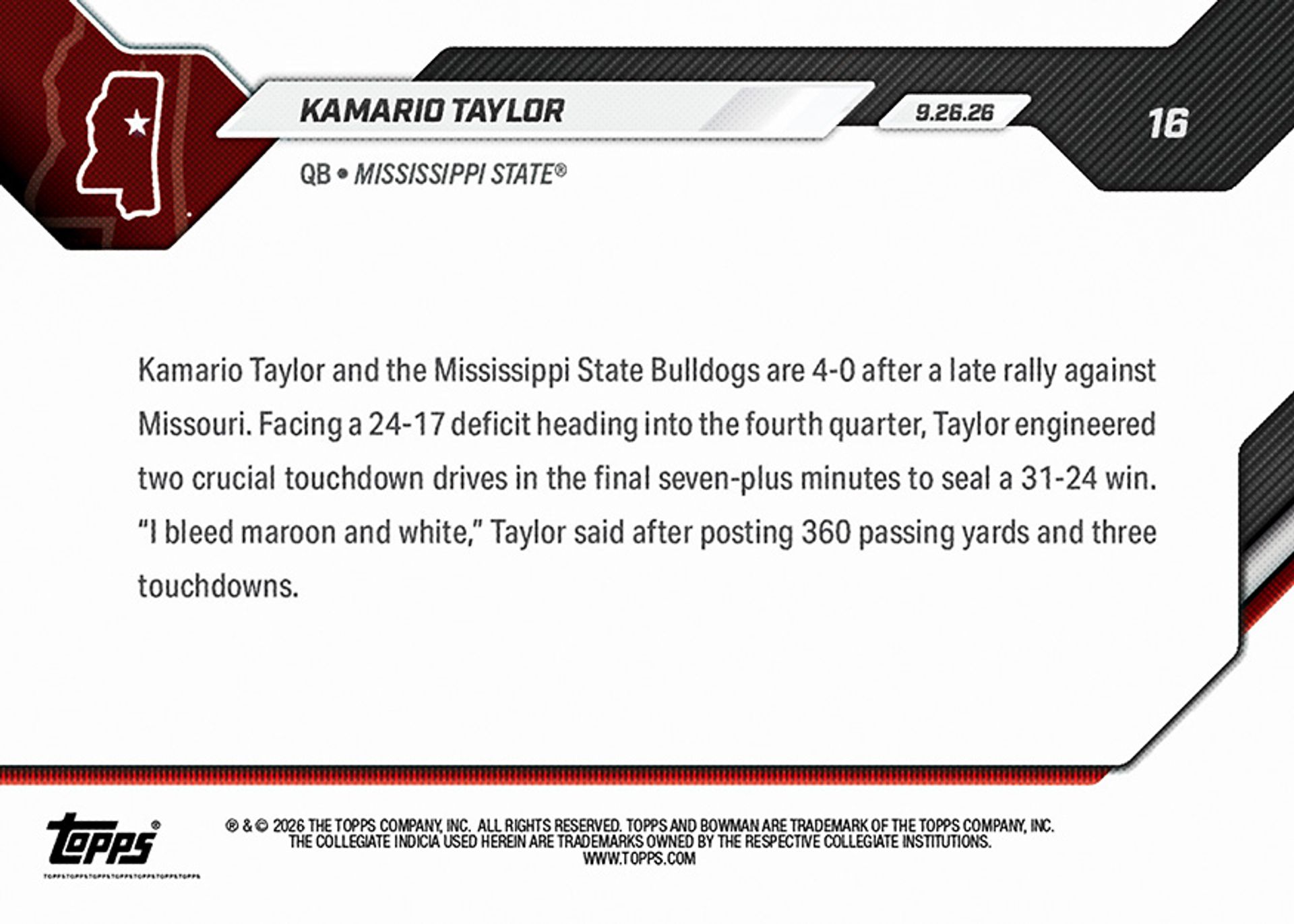 Kamario Taylor - 2026-27 Bowman U NOW® Football - Card 16