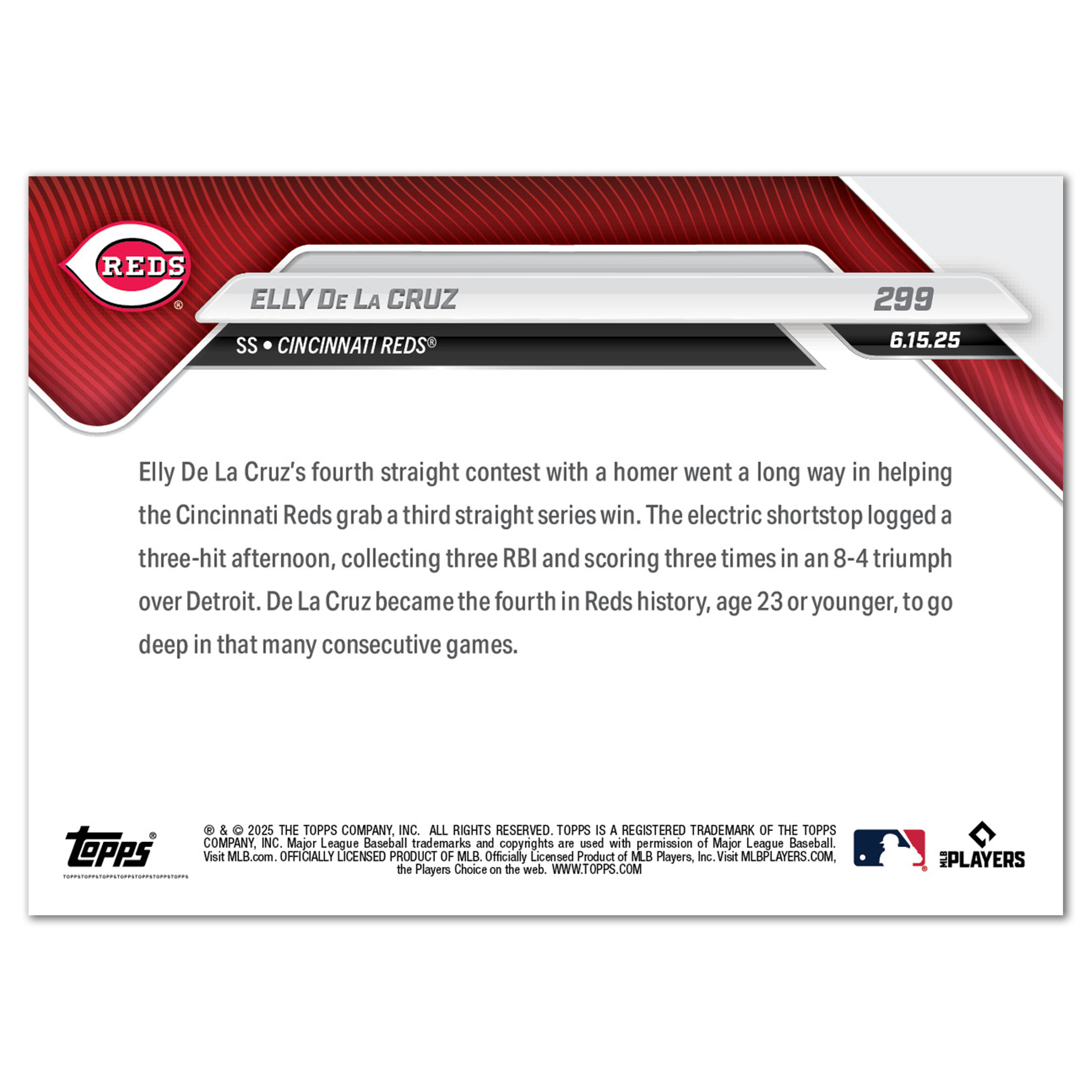 Elly De La Cruz - 2025 MLB Topps NOW® - Card 299