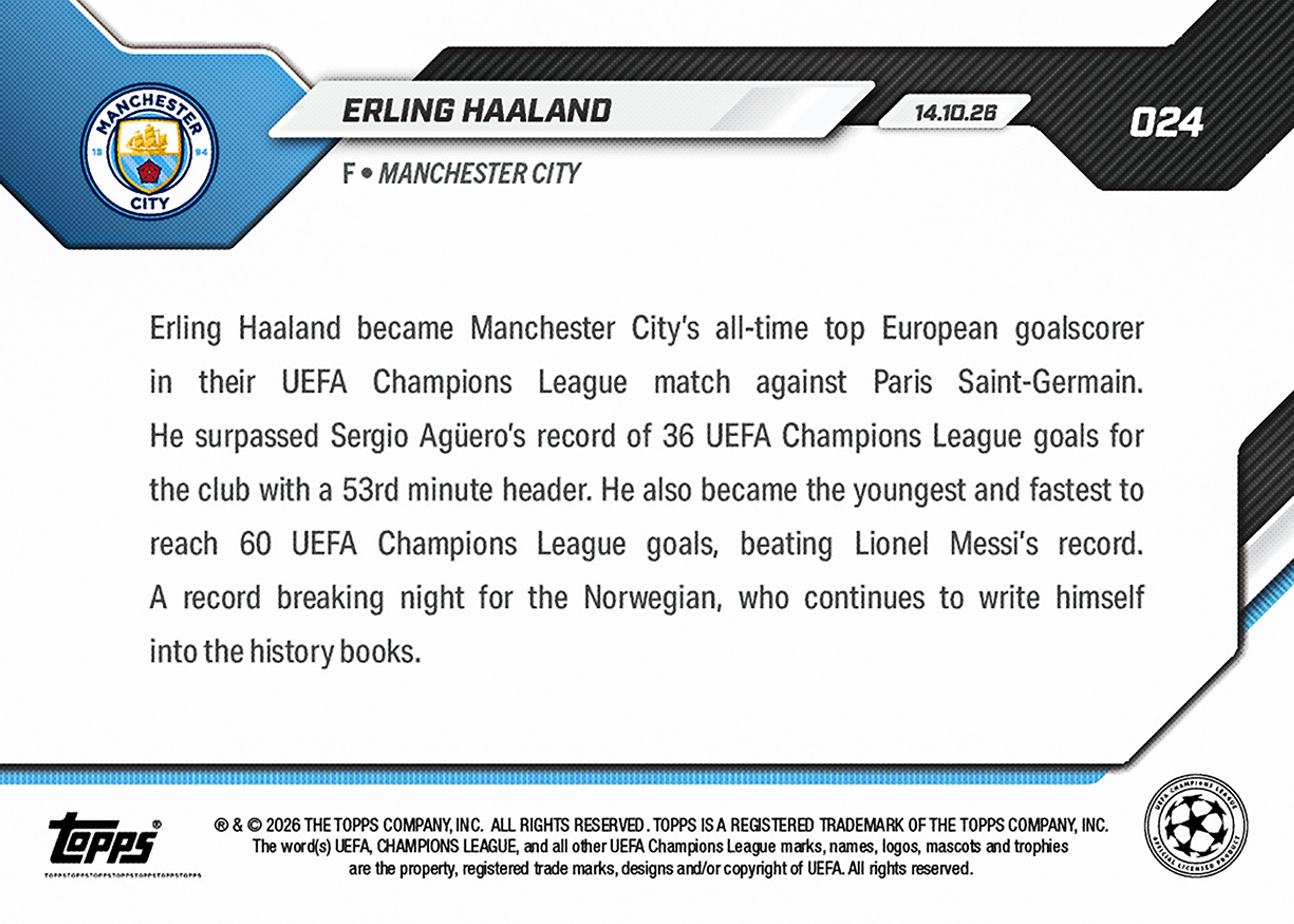 Erling Haaland - 2026-27 UCL Topps NOW® - Card 24 - PR: 4513