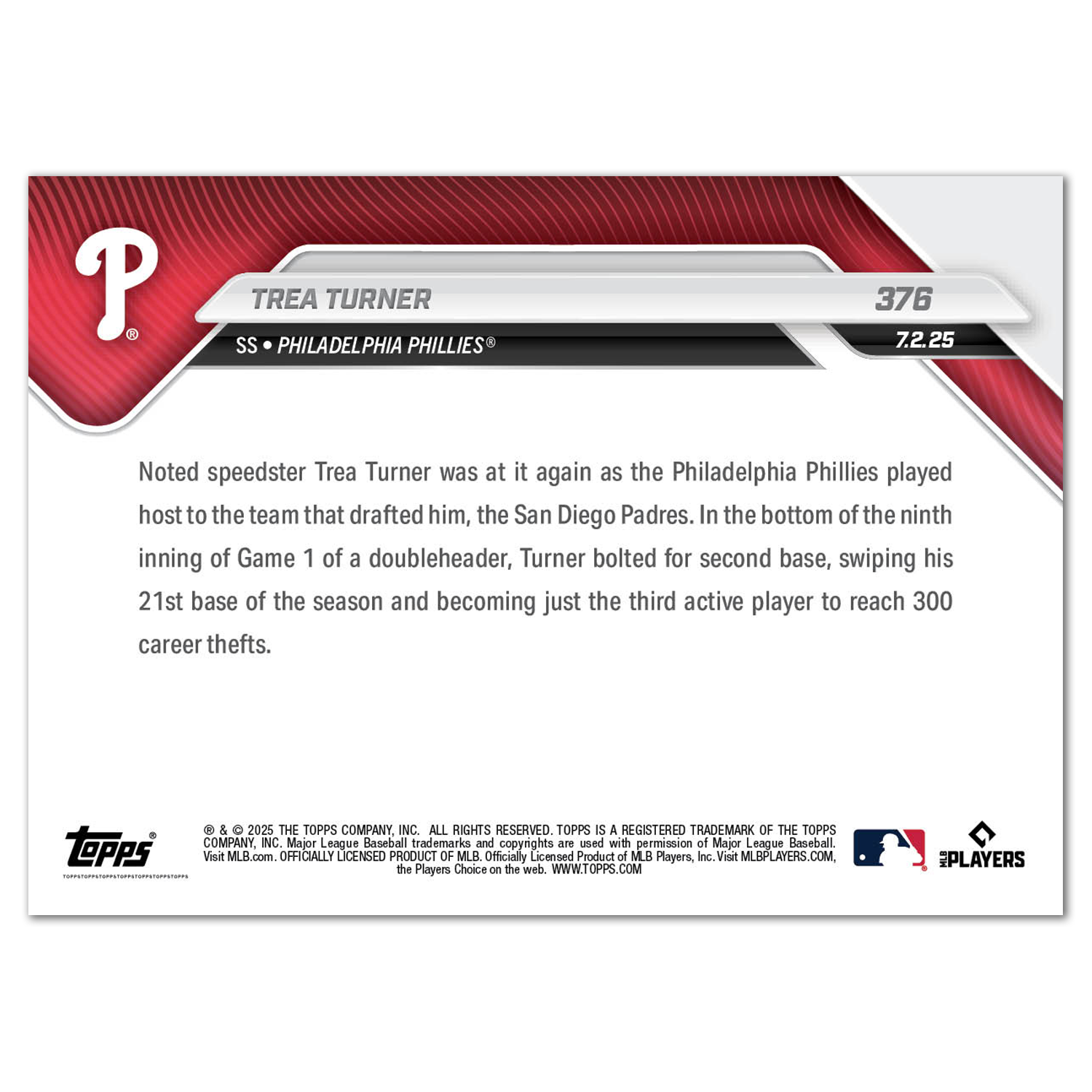 Trea Turner - 2025 MLB Topps NOW® - Card 376 - PR: 944