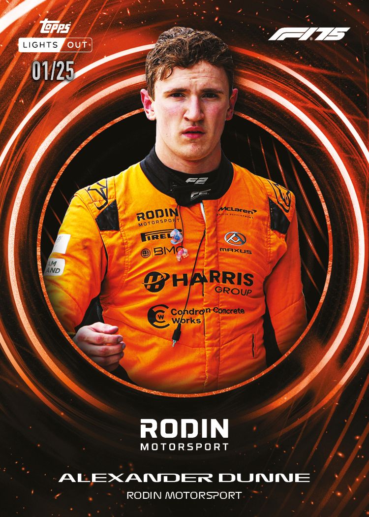 Topps 官方 Alexander Dunne 2025 Lights Out 橙色平行卡示意,左上印01/25
