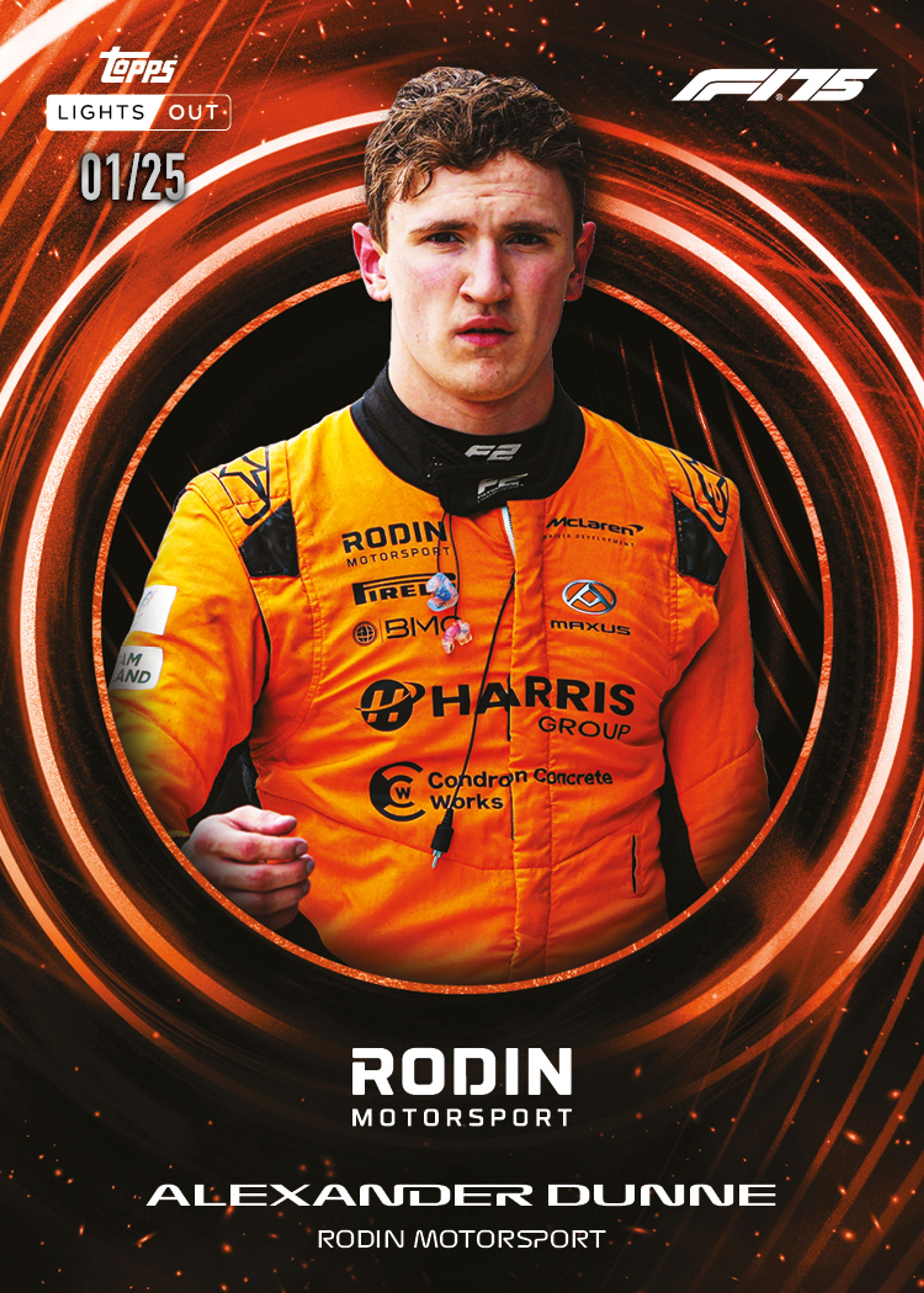 Topps 官方 Alexander Dunne 2025 Lights Out 橙色平行卡示意，左上印01/25
