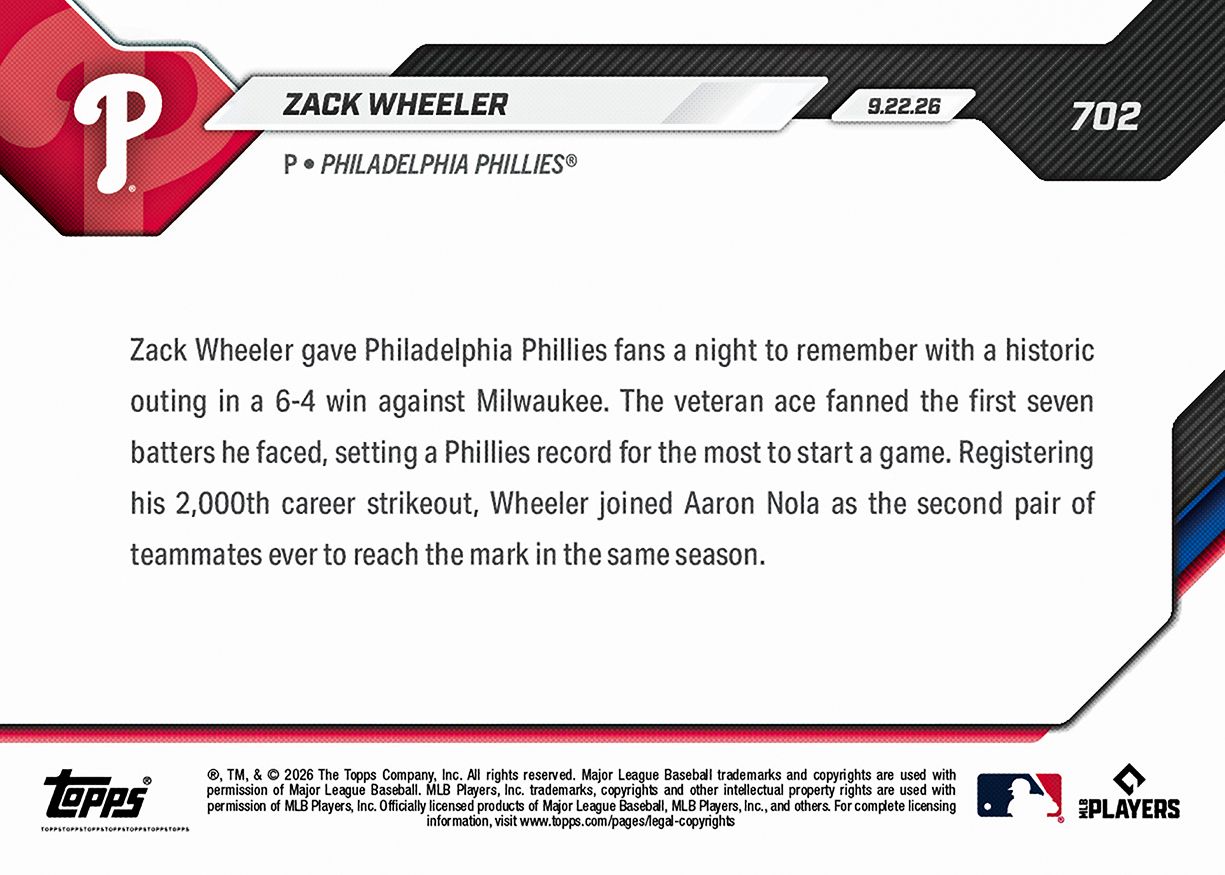 Zack Wheeler - 2026 MLB Topps NOW® - Card 702 - PR: 1353