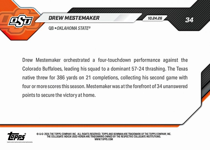 Order Now Save Sign Drew Mestemaker - 2026-27 Bowman U NOW® Football - Card 34