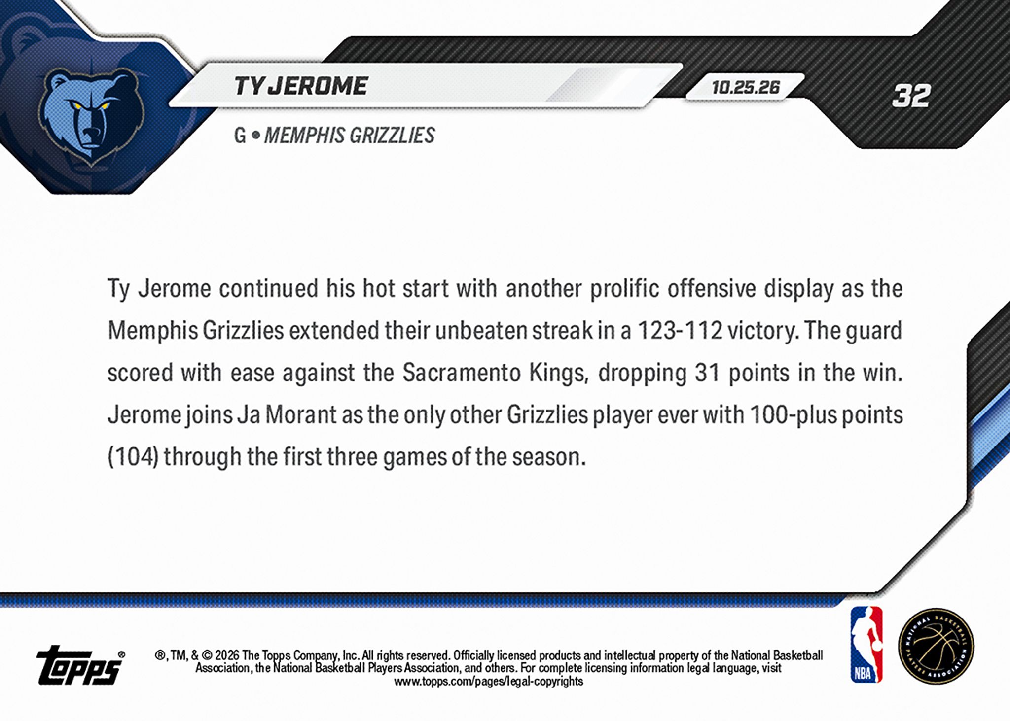 Ty Jerome - 2026-27 NBA Topps NOW® - Card 32