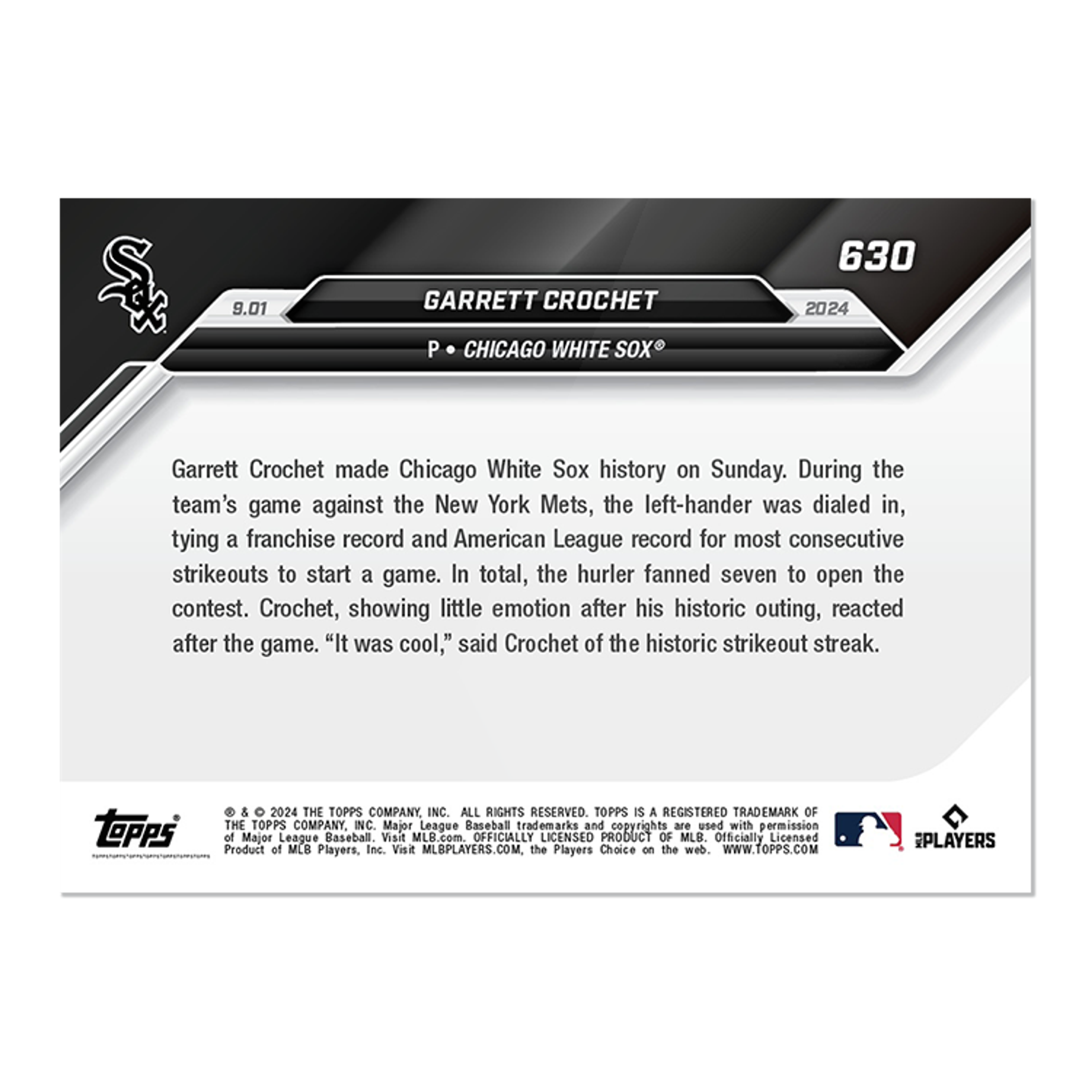 Garrett Crochet - 2024 MLB TOPPS NOW® Card 630 - PR: 341