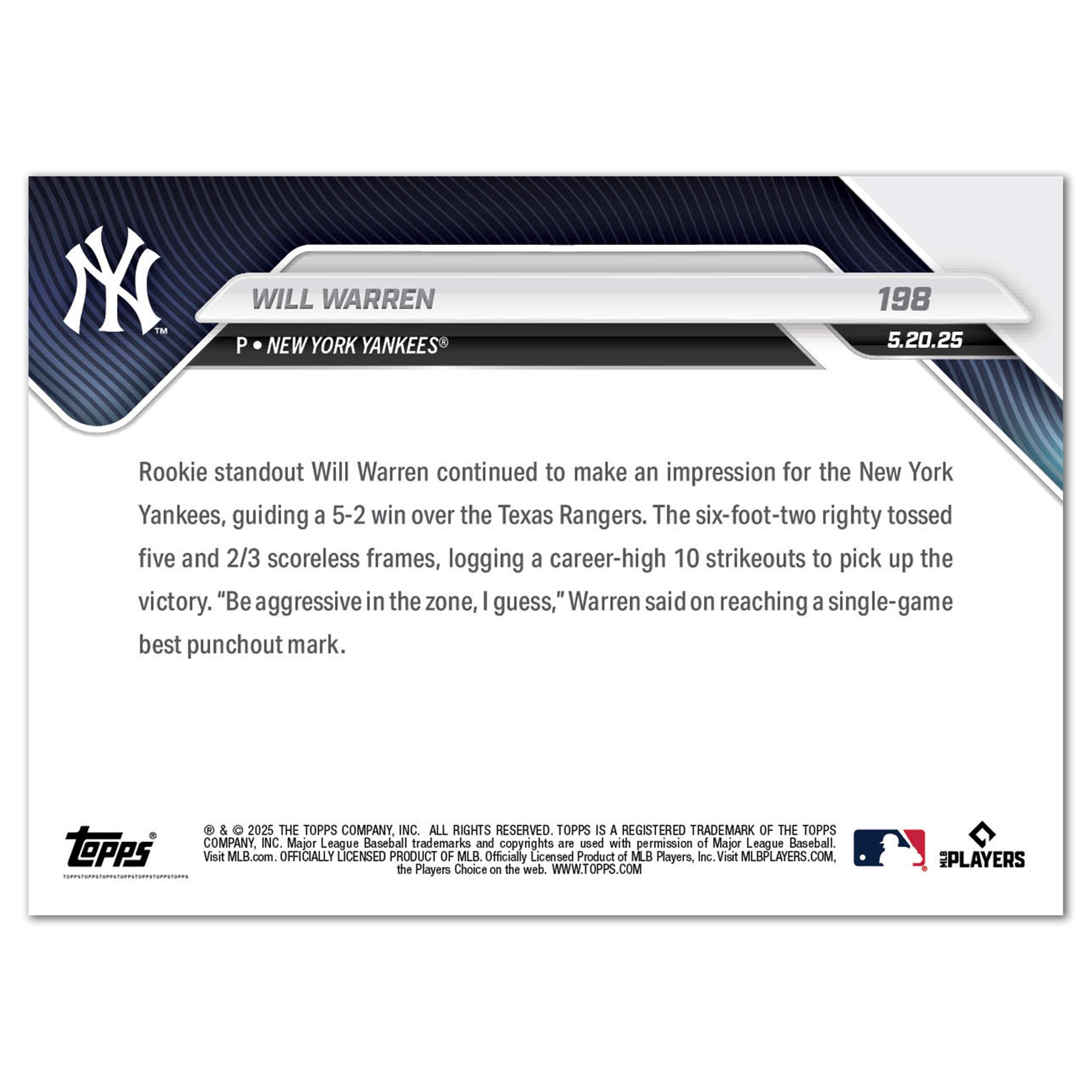 Will Warren - 2025 MLB Topps NOW® - Card 198 - PR: 910