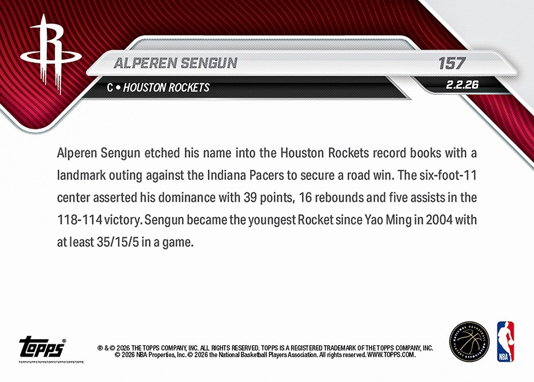 ALPEREN SENGUN 157 Topps Parallel 5枚限定 Alperen Sengun - 2025-26 NBA Topps NOW® - Card 157 - PR: 423