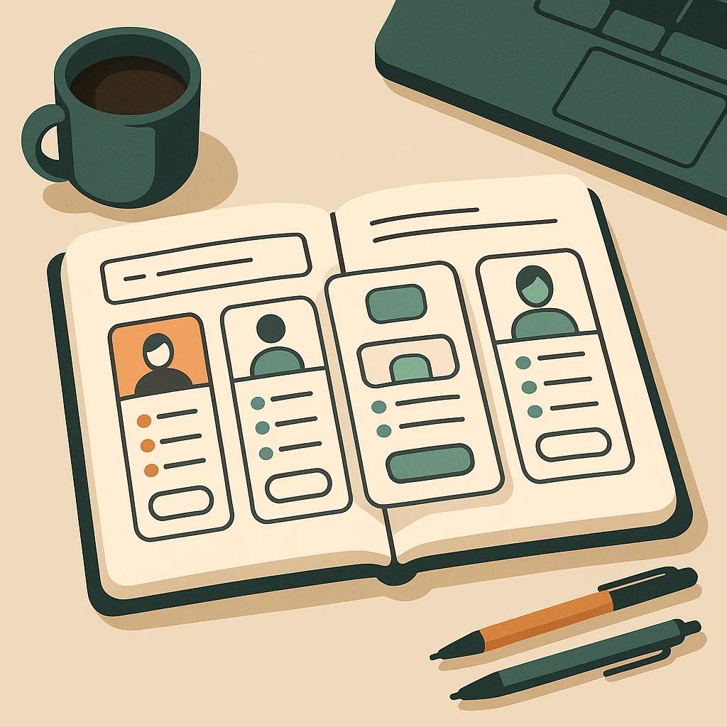 Ein aufgeschlagenes Notizbuch mit handgezeichneten Wireframes einer Preisseite, umgeben von Kaffeetasse, Stiften und einem Laptop im Hintergrund – vermittelt den kreativen Planungsprozess einer durchdachten Preisstruktur.