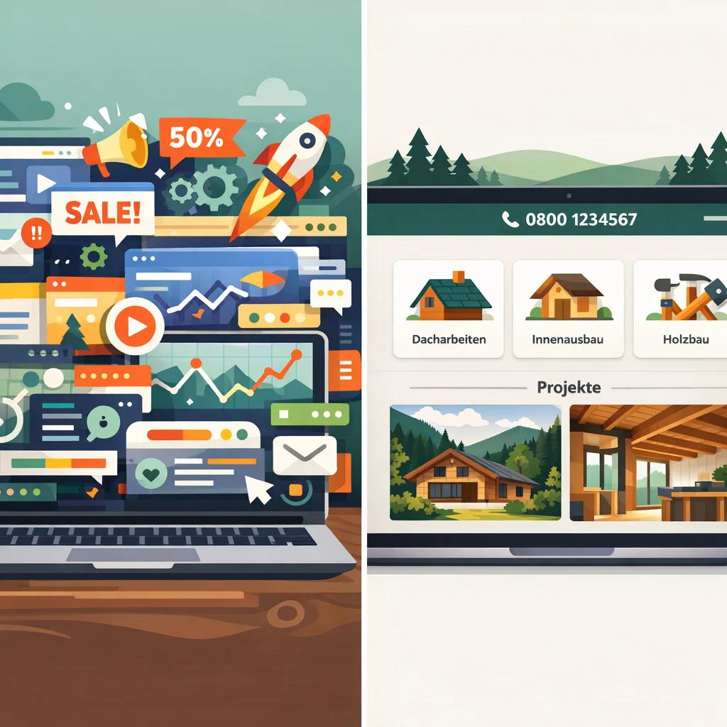 Ein Split-Screen-Bild, das links eine überladene, komplizierte Website mit vielen Animationen zeigt und rechts eine klare, strukturierte Handwerker-Website mit gut sichtbarer Telefonnummer, Leistungsübersicht und echten Projektfotos – im Kontrast-Stil mit deutlicher Präferenz für die rechte Seite.
