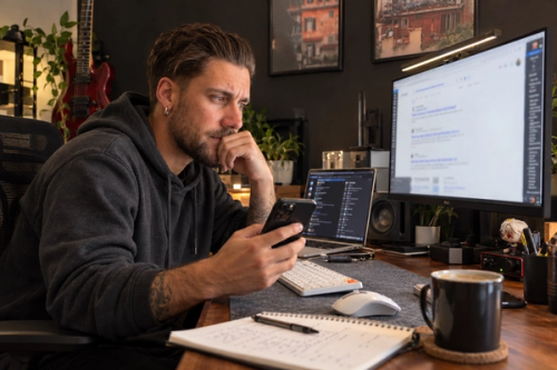 Ivo am Schreibtisch vergleicht ein Google-Ergebnis auf dem Handy mit dem Monitor
