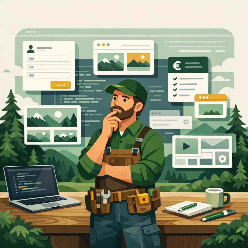 Ein moderner Handwerker in Arbeitskleidung steht vor einem großen, transparenten Bildschirm, auf dem verschiedene Website-Elemente wie Kontaktformulare, Bildergalerien und Preisschilder schweben, während er nachdenklich eine Hand ans Kinn legt.