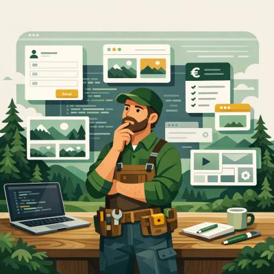 Ein moderner Handwerker in Arbeitskleidung steht vor einem großen, transparenten Bildschirm, auf dem verschiedene Website-Elemente wie Kontaktformulare, Bildergalerien und Preisschilder schweben, während er nachdenklich eine Hand ans Kinn legt.