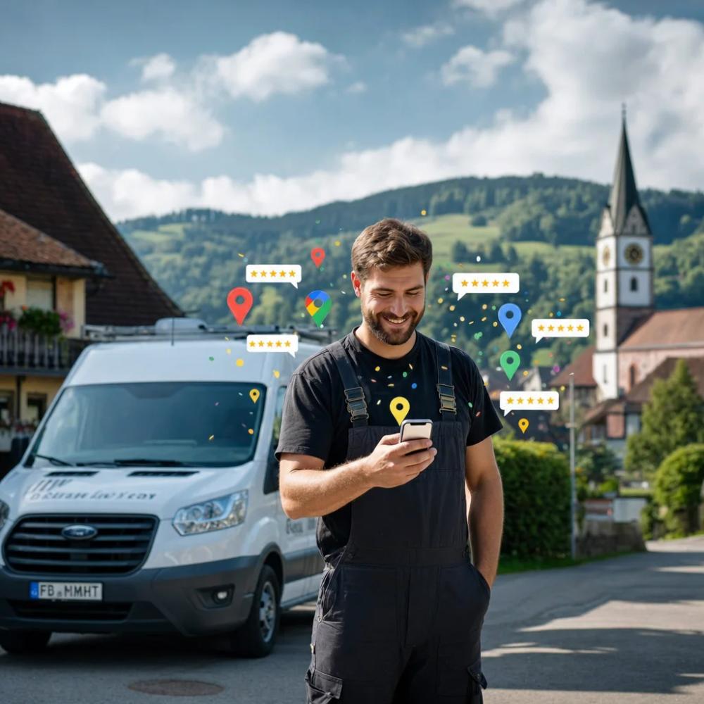 Ein Handwerker mit Latzhose und Smartphone steht vor seinem Transporter in einem Schwarzwalddorf, auf dem Handybildschirm schweben Google-Maps-Pins und kleine Sterne-Bewertungen wie Konfetti um ihn herum, im Hintergrund eine Dorfkirche und sanfte Hügel.