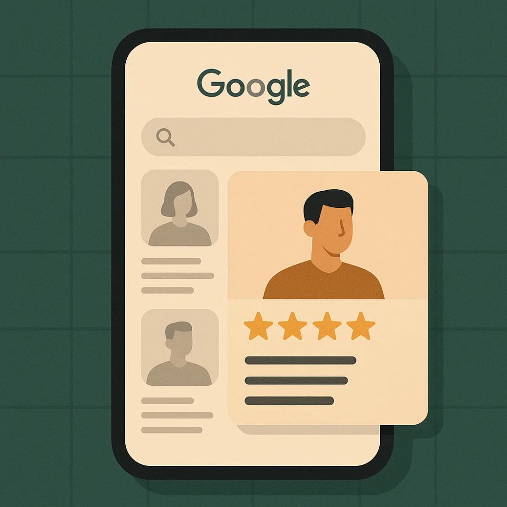 Ein Smartphone zeigt eine Google-Suche mit verschiedenen Unternehmensprofilen, wobei eines durch leuchtende goldene Sterne hervorsticht, während andere blass und sternelos im Hintergrund verschwinden.