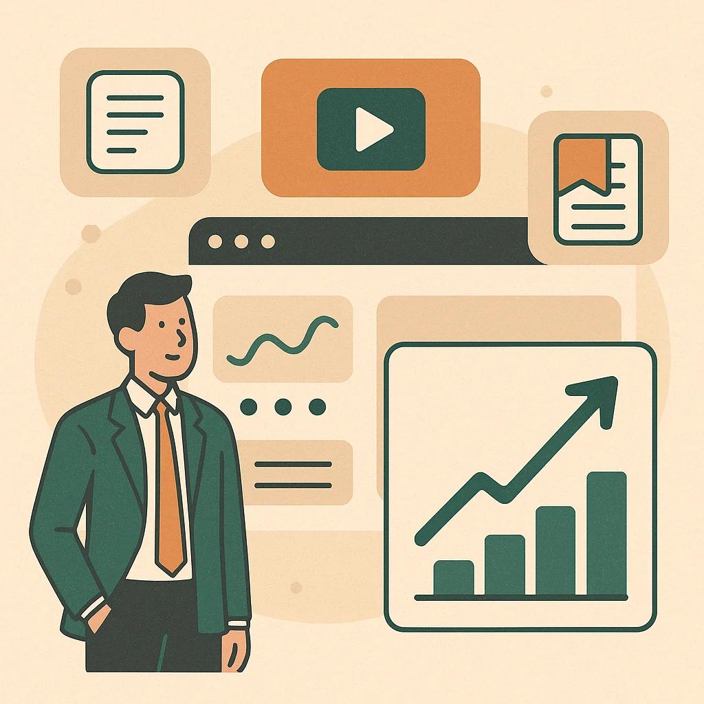 Ein Geschäftsmann steht vor einem Diagramm, das konstant nach oben zeigt, während um ihn herum verschiedene Content-Symbole wie Artikel, Videos und Guides schweben. Im Hintergrund ist eine Website zu sehen, die kontinuierlich Besucher anzieht.