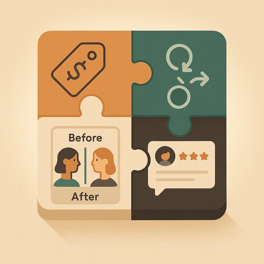 Ein Puzzle mit verschiedenen Teilen zeigt Preisschilder, Prozess-Diagramme, Vorher-Nachher-Bilder und Kundenbewertungen, die sich zu einem vollständigen