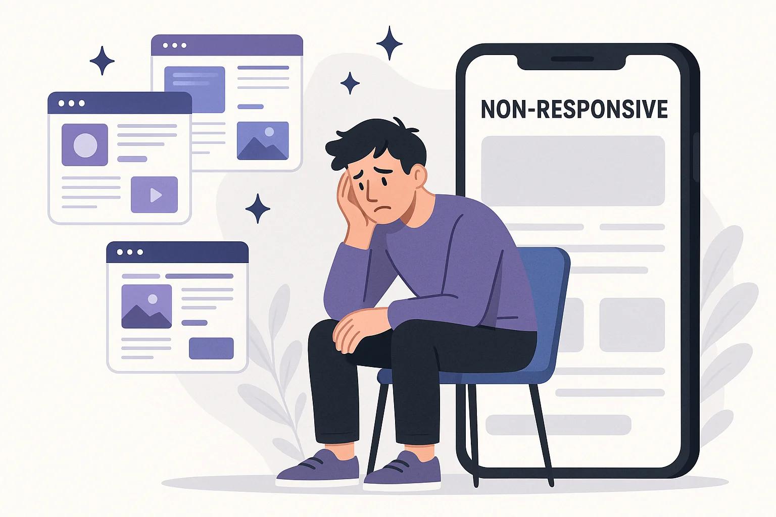 Eine frustrierte Person vor einem Smartphone, das eine nicht-responsive Website zeigt, während im Hintergrund Icons von Konkurrenz-Websites mit modernem Design schweben und Kunden anziehen.