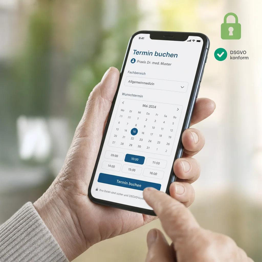 Ein Smartphone-Bildschirm zeigt eine schlichte, klare Terminbuchungs-Oberfläche für eine Arztpraxis. Darüber schwebt ein kleines grünes Schloss-Symbol und ein DSGVO-Häkchen. Die Hand einer älteren Person hält das Handy -- als Anspielung auf Barrierefreiheit und einfache Bedienung.