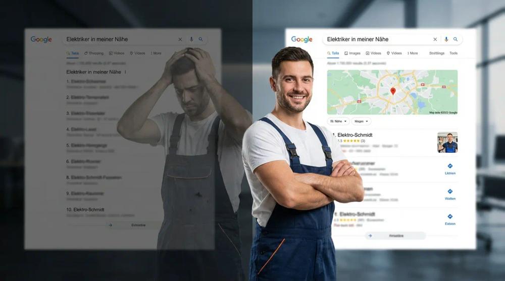Eine stilisierte Landkarte der Region Waldshut-Tiengen mit leuchtenden Markierungspins, die verschiedene Handwerksbetriebe symbolisieren, wobei drei davon besonders hell hervorgehoben sind und im Vordergrund stehen – im Hintergrund verschwommen die Schweizer Grenze angedeutet.