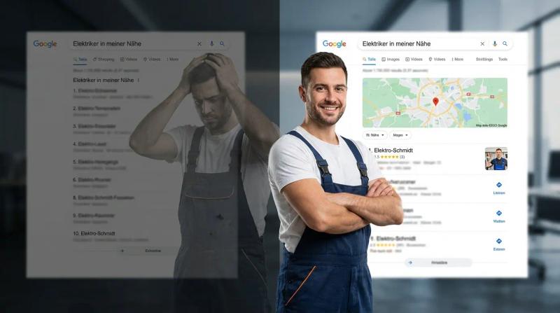 Eine stilisierte Landkarte der Region Waldshut-Tiengen mit leuchtenden Markierungspins, die verschiedene Handwerksbetriebe symbolisieren, wobei drei davon besonders hell hervorgehoben sind und im Vordergrund stehen – im Hintergrund verschwommen die Schweizer Grenze angedeutet.