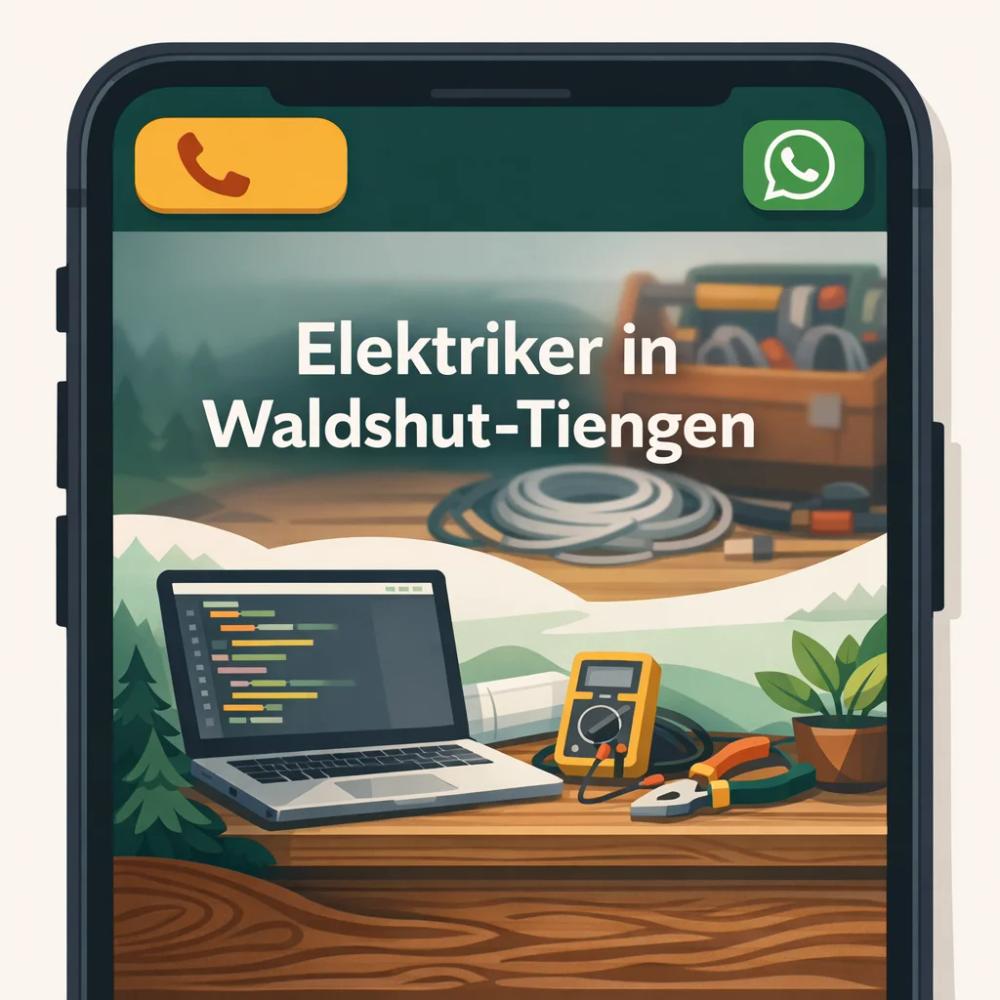 Ein Smartphone-Screen zeigt eine Handwerker-Website mit übersichtlichem Header: großer Telefon-Button, WhatsApp-Icon in Grün, klare Überschrift "Elektriker in Waldshut-Tiengen" und im Hintergrund verschwommen ein Werkzeugkasten und Kabel.