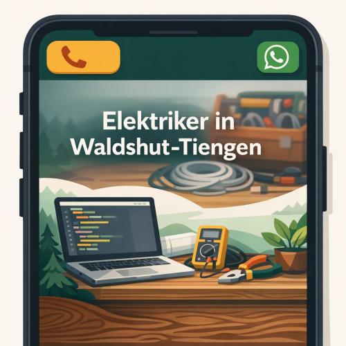 Ein Smartphone-Screen zeigt eine Handwerker-Website mit übersichtlichem Header: großer Telefon-Button, WhatsApp-Icon in Grün, klare Überschrift "Elektriker in Waldshut-Tiengen" und im Hintergrund verschwommen ein Werkzeugkasten und Kabel.