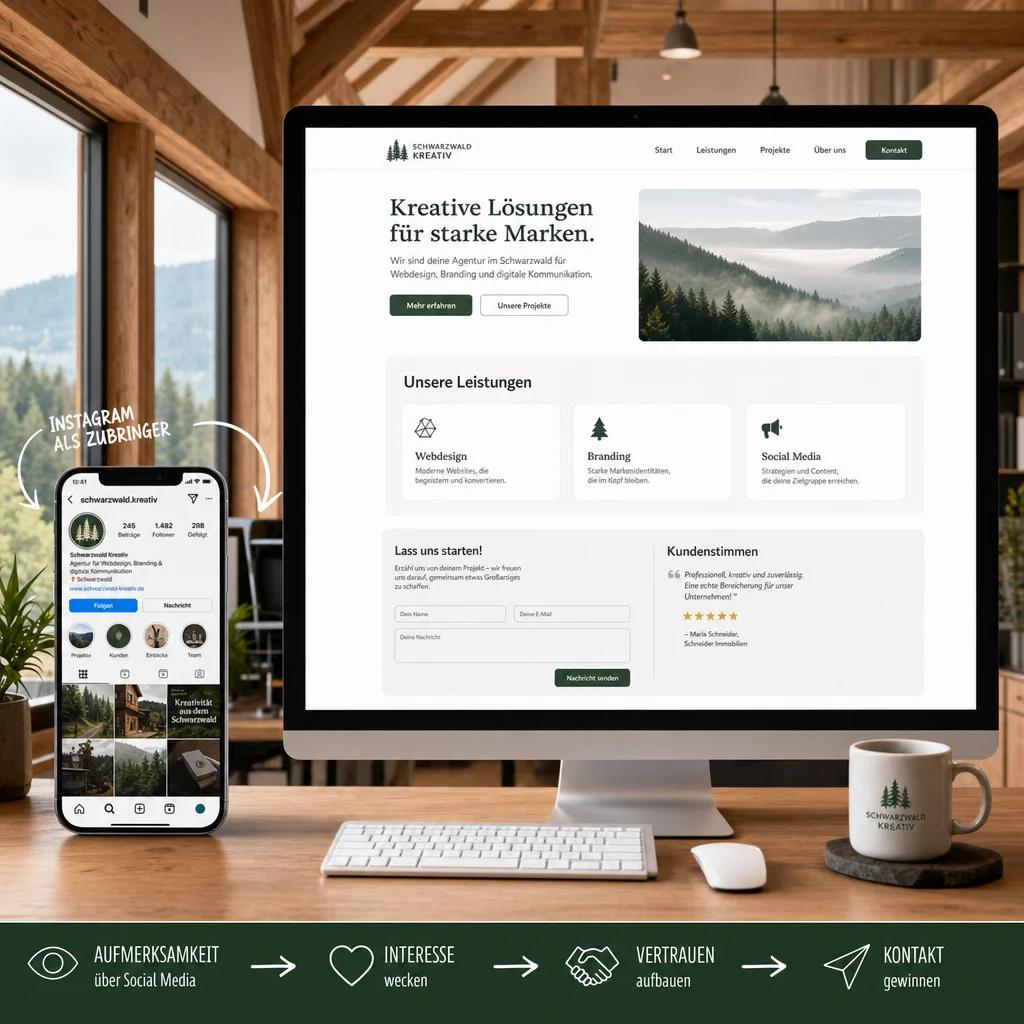 Ein modernes, helles Büro im Schwarzwald-Stil mit Holzbalken. Auf einem großen Bildschirm sieht man eine übersichtliche Website mit Leistungen, Kontaktformular und Bewertungen. Daneben kleiner: ein Smartphone mit Instagram-Feed, der wie ein Zubringer zur Website wirkt. Pfeile verbinden beide Bildschirme.