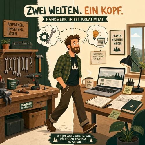 Geteiltes Bild im Comicstil: Links eine Werkbank mit Werkzeugen und Schraubenschlüsseln, rechts ein Schreibtisch mit Laptop, Skizzen und Kaffeetasse. In der Mitte ein freundlicher Mann mit Bart, der gedanklich von einer Seite zur anderen wandert. Warme Schwarzwald-Farben, leicht humorvoll.