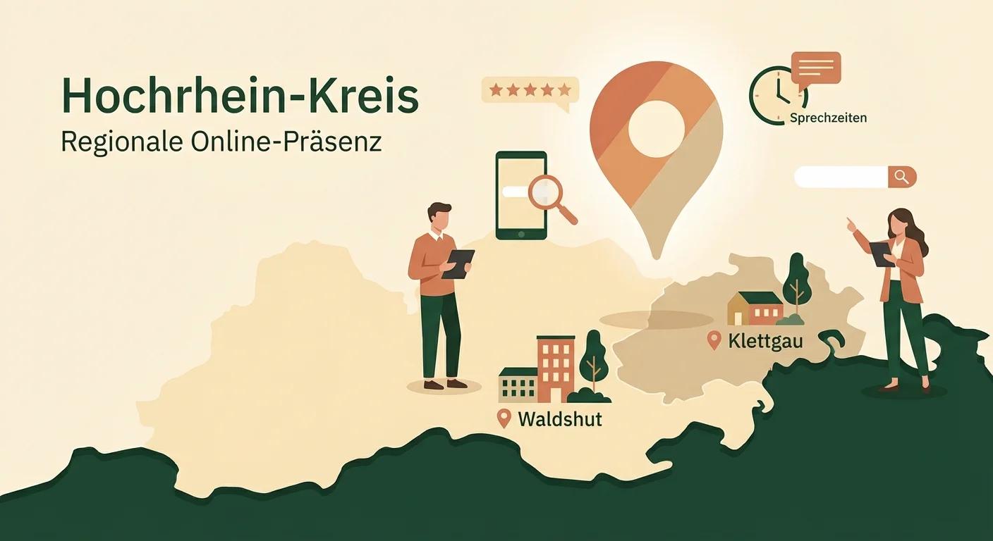 Eine minimalistische Illustration einer Landkarte des Hochrhein-Kreises mit Markierungen für Waldshut, Klettgau und Umgebung, über der ein leuchtender Google-Pin schwebt, umgeben von Symbolen für Bewertungssterne, Sprechzeiten-Icons und Smartphone-Suchanfragen.