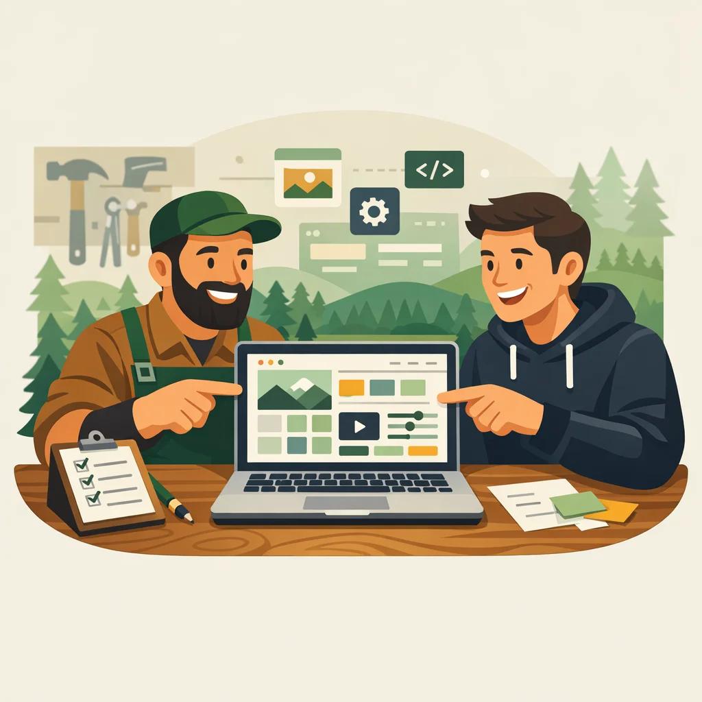 Ein Handwerker und ein Webdesigner sitzen gemeinsam an einem Tisch, zwischen ihnen liegt ein aufgeklappter Laptop, Notizzettel und eine Checkliste, beide lächeln und zeigen auf den Bildschirm, im Hintergrund verschwommen Werkzeuge und Webdesign-Icons.