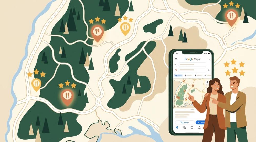 Eine stilisierte Karte der Region Schwarzwald mit leuchtenden Pins, die Restaurants markieren, umgeben von schwebenden Google-Bewertungssternen und einer Smartphone-Ansicht von Google Maps im Vordergrund.
