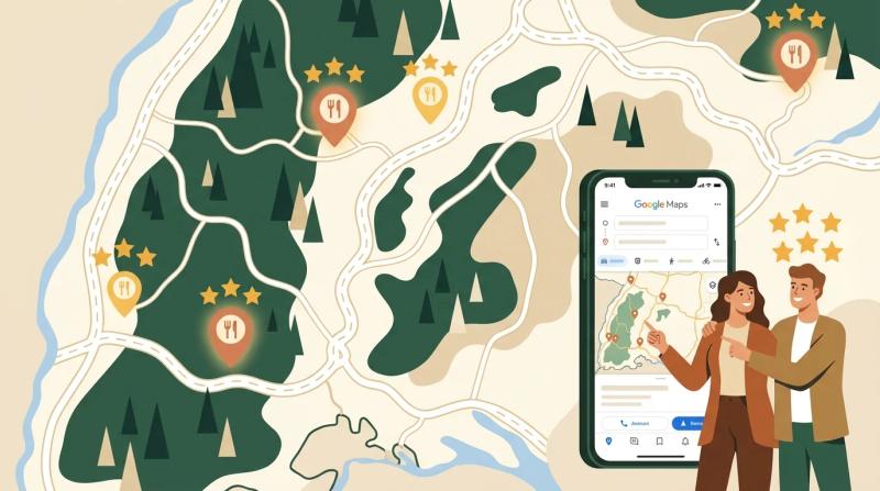 Eine stilisierte Karte der Region Schwarzwald mit leuchtenden Pins, die Restaurants markieren, umgeben von schwebenden Google-Bewertungssternen und einer Smartphone-Ansicht von Google Maps im Vordergrund.