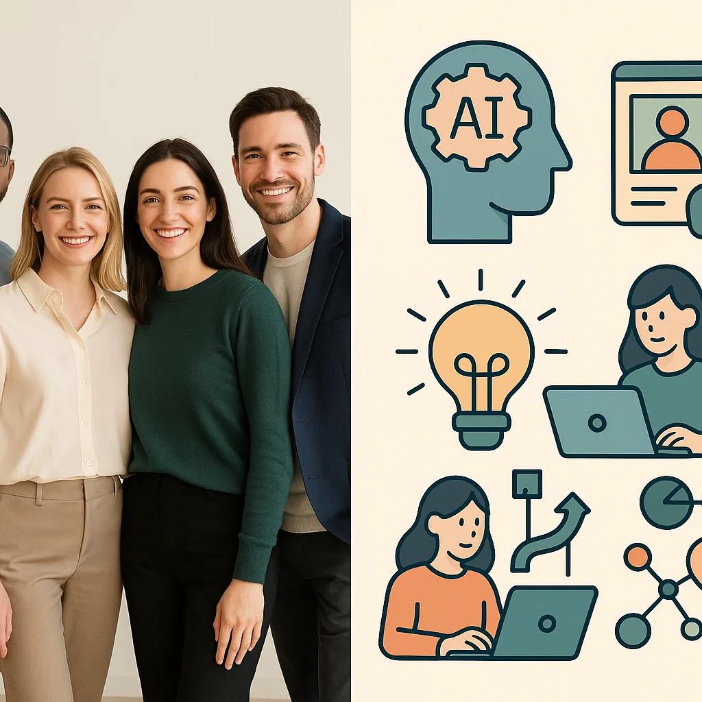 Eine geteilte Collage zeigt auf der linken Seite ein authentisches Team-Foto und auf der rechten Seite stilisierte KI-generierte Icons und Illustrationen, verbunden durch eine harmonische Farbpalette.