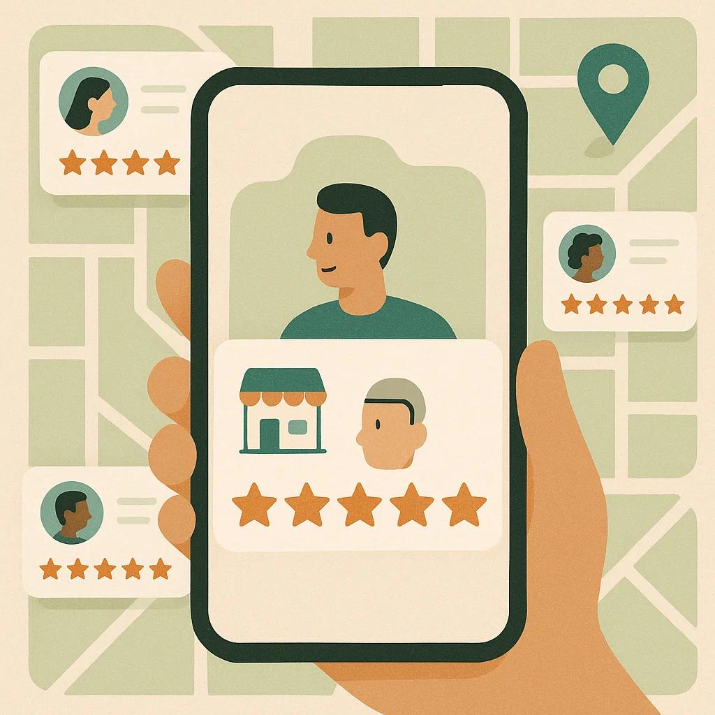 Ein Smartphone-Screen zeigt eine 5-Sterne-Bewertung für ein lokales Unternehmen, umgeben von weiteren positiven Bewertungen, während im Hintergrund das Google Maps Interface sichtbar ist.