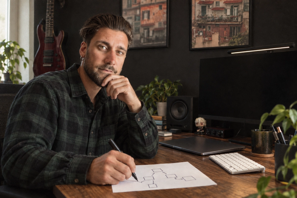 Ivo am Schreibtisch, Laptop zu, Monitor aus, zeichnet Kästen und Pfeile auf ein Blatt