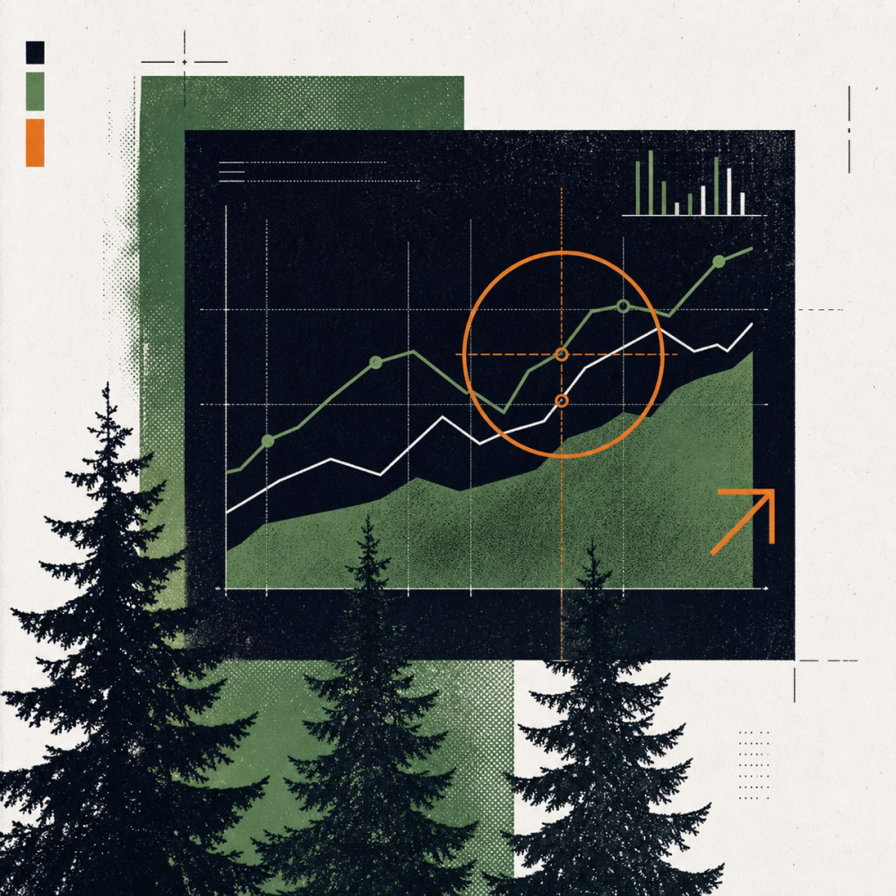 Illustrativer Waldwerk-Poster-Stil für einen KI-gestützten SEO-Wochencheck mit Datenkarten und Schwarzwald-Motiv