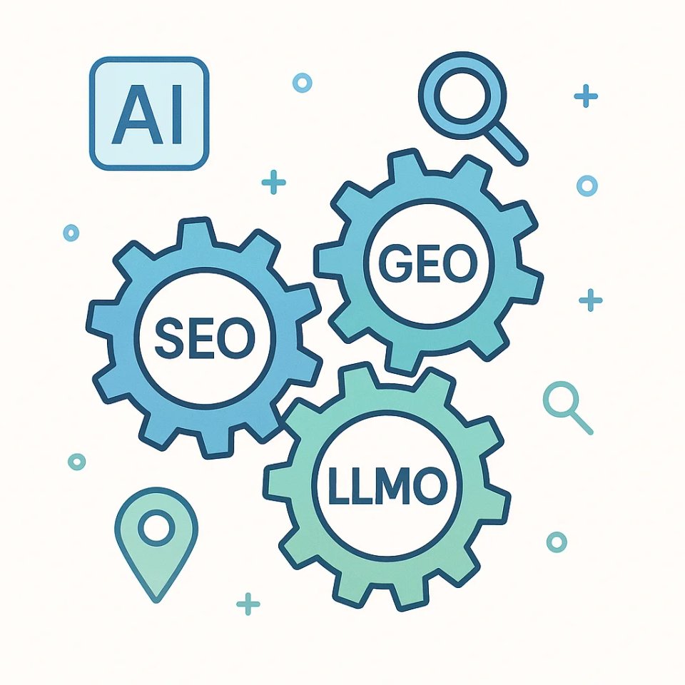 Eine moderne Illustration zeigt drei miteinander verbundene Zahnräder, beschriftet mit "SEO", "GEO" und "LLMO", die harmonisch ineinandergreifen, umgeben von schwebenden KI-Symbolen und Suchicons in sanften Blau- und Grüntönen.